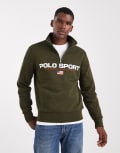[Polo Ralph Lauren] Polo Ralph Lauren Sport capsule unisex flag logo half zip fleece sweatshirt in olive green XS Olive green