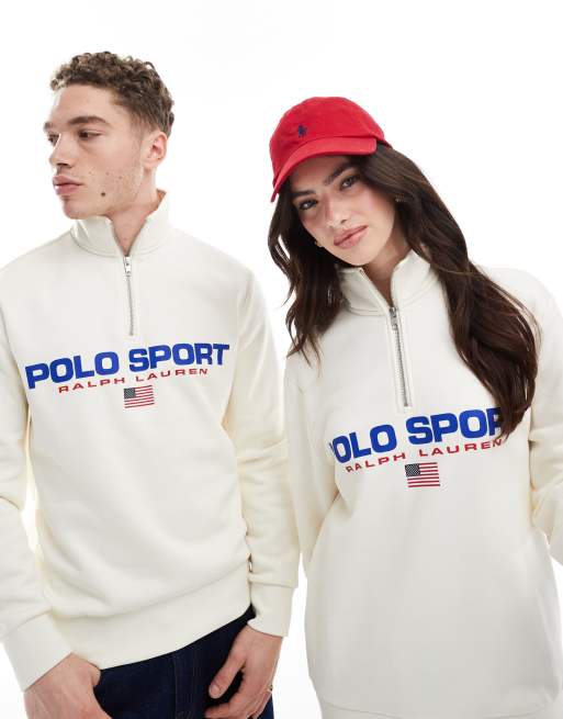 Polo Ralph Lauren Sport capsule unisex large flag chest logo half zip sweatshirt in cream