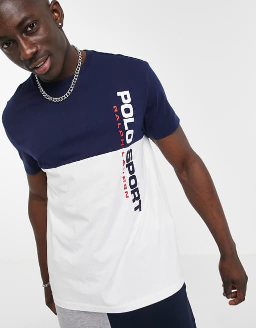 Polo Ralph Lauren Sport capsule vertical logo color block t shirt in cruise navy white