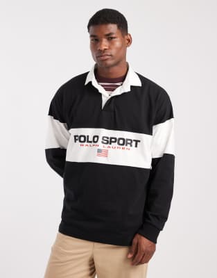 Polo Ralph Lauren Polo Ralph Lauren Sport chest panel flag logo oversized fit rugby polo in black