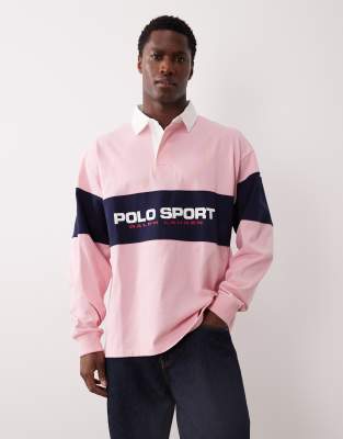 Polo Ralph Lauren Men's Pink Sport Chest Panel Flag Logo Oversized Fit Rugby Polo In