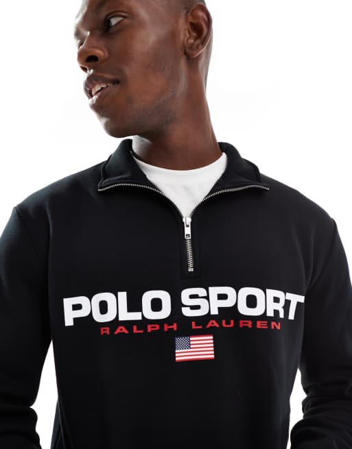 Polo Ralph Lauren Sport flag logo half zip sweatshirt in black | ASOS