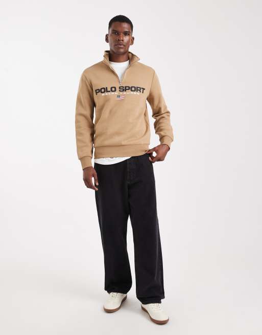 Polo Ralph Lauren Sport flag logo half zip sweatshirt in khaki
