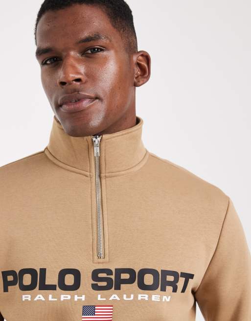 Polo Ralph Lauren Sport flag logo half zip sweatshirt in khaki