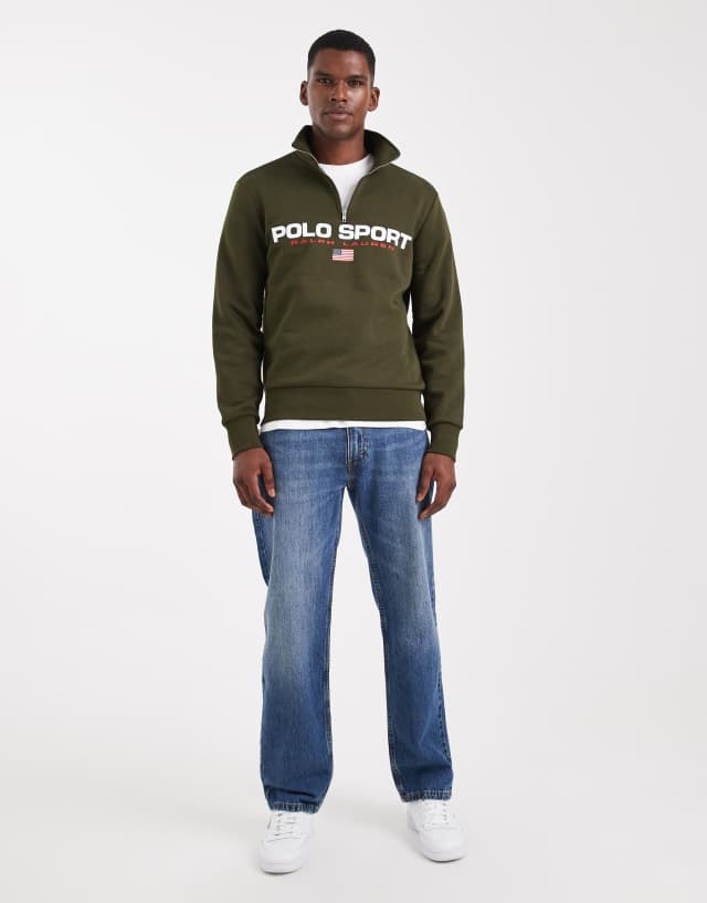 Polo Ralph Lauren Sport flag logo half zip sweatshirt in olive
