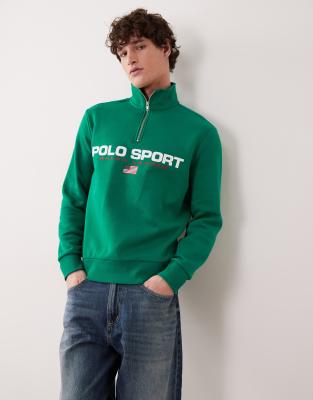Polo Ralph Lauren Men's Green Sport Flag Logo Quarter Zip Sweatshirt In