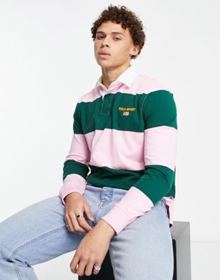 Polo Ralph Lauren Sports capsule colourblock stripe rugby polo in pink/green