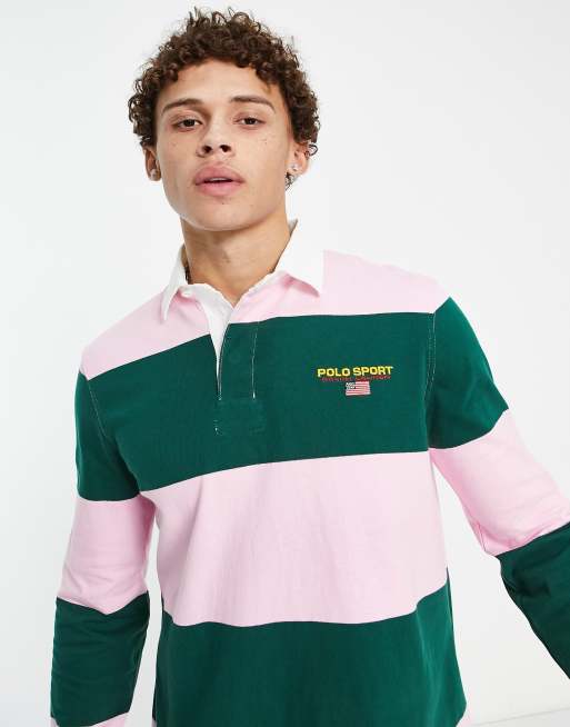 Polo Ralph Lauren Sports capsule colourblock stripe rugby polo in  pink/green | ASOS