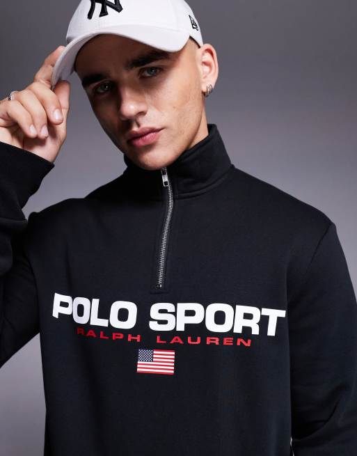 Polo Ralph Lauren Sports Capsule half zip logo sweatshirt in black ASOS