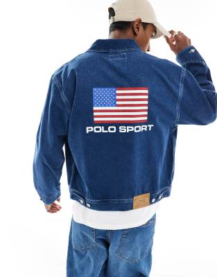 Polo Ralph Lauren Sports Capsule logo workwear denim trucker jacket in mid wash blue-White