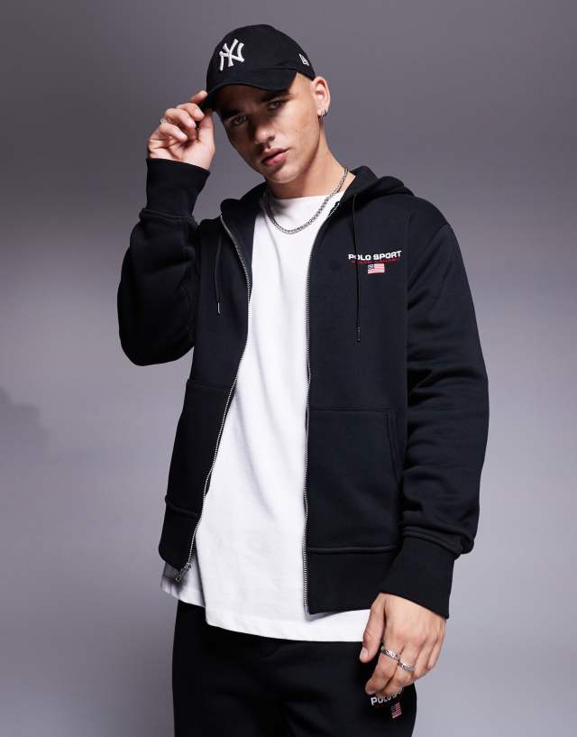 Polo Ralph Lauren Sports Capsule logo zip up hoodie in black | ASOS