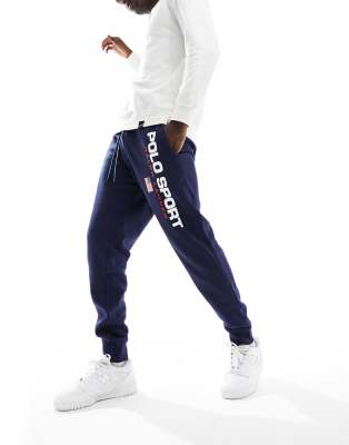Polo Ralph Lauren Sports capsule flag logo cuffed joggers in navy - ASOS Price Checker