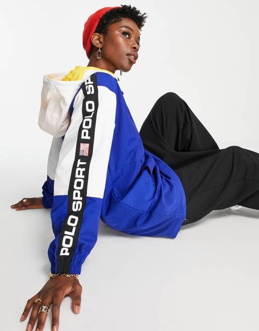 Polo Ralph Lauren Sports logo tape color block windbreaker in blue ASOS