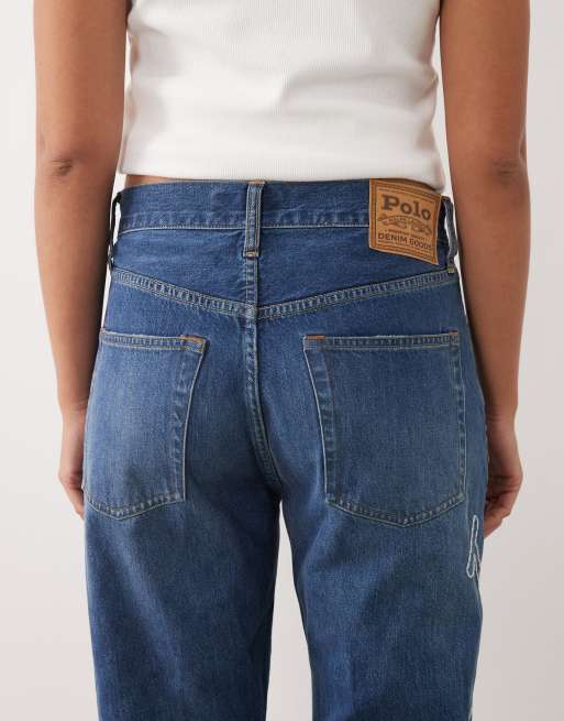 Polo Ralph Lauren straight leg jeans with embroidery in mid blue, 4 of 5