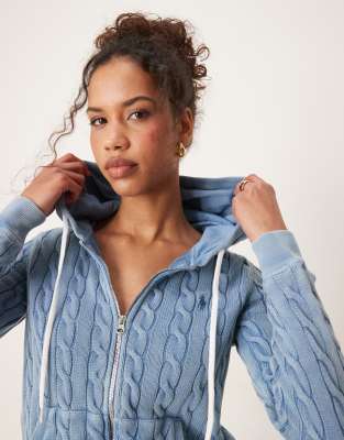 Polo Ralph Lauren - Strickjacke in Blau mit Zopfmuster und durchgehendem Reißverschluss
