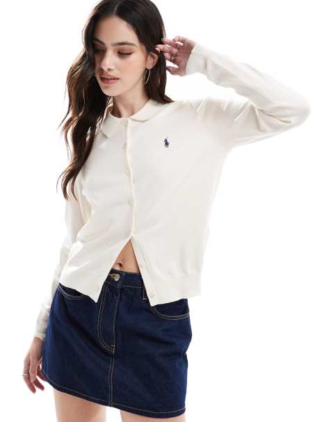 Polo Ralph Lauren – Strickjacke in Creme mit Logo, Knopfleiste vorne und Kragen - view 1