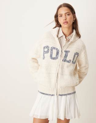 Polo Ralph Lauren - Strickjacke in Cremeweiß und Blau mit Reißverschluss und Kapuze