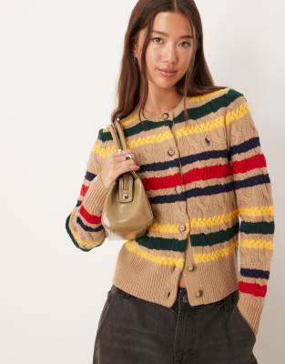 Polo Ralph Lauren - Strickjacke mit hohem Wollanteil in Kamelbraun mit Streifen und Logo-Symbol-Neutral