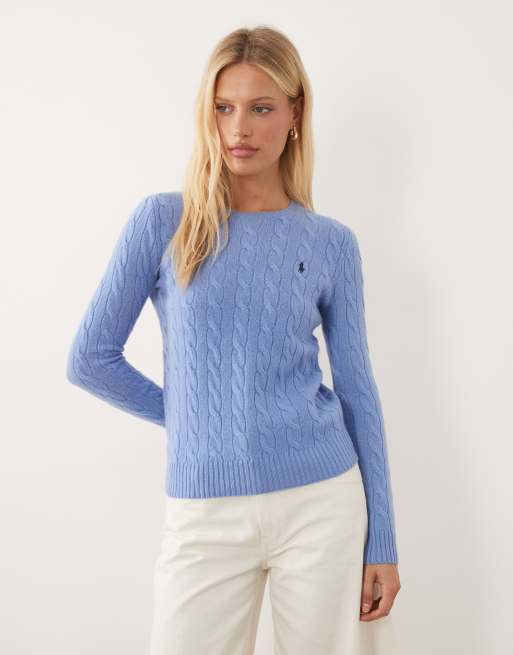 Polo Ralph Lauren – Strickpullover aus Baumwolle in Blau mit Markenlogo und Zopfmuster, 2 von 4