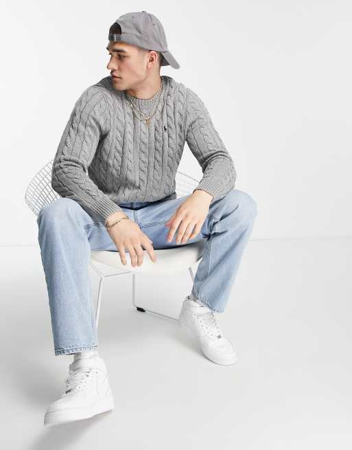 Polo Ralph Lauren – Strickpullover aus Baumwolle in Grau meliert mit Markenlogo und Zopfmuster, 3 von 4