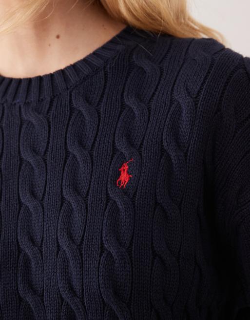 Polo Ralph Lauren – Strickpullover aus Baumwolle in Hunter-Marineblau mit Zopfmuster, 4 von 4