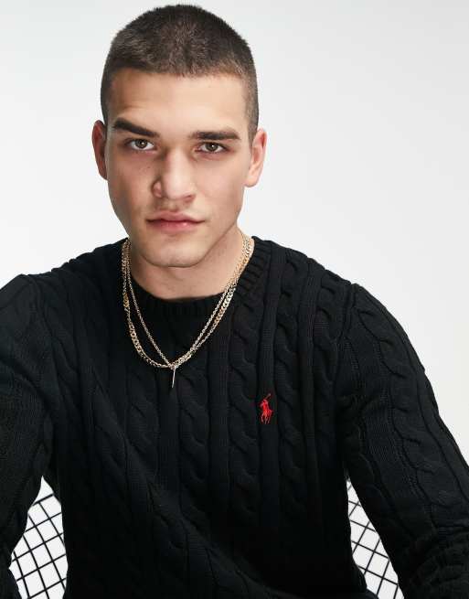 Polo Ralph Lauren – Strickpullover aus Baumwolle in Schwarz mit Markenlogo und Zopfmuster, 4 von 4