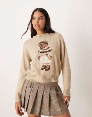 Polo Ralph Lauren - Strickpullover aus Baumwollmix in Creme mit Holiday Bear-Strickmotiv-Weiß