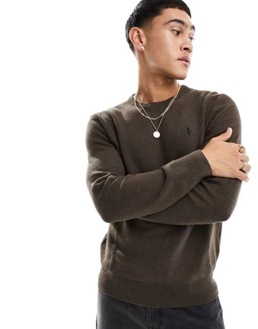 Polo Ralph Lauren – Strickpullover aus schwerer Baumwolle in Braun meliert mit Markenlogo