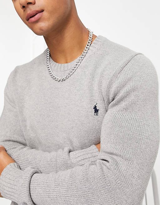 Polo Ralph Lauren – Strickpullover aus schwerer Baumwolle in Grau meliert  mit Markenlogo | ASOS