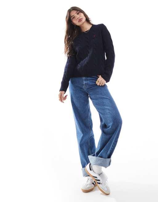 Polo Ralph Lauren – Strickpullover aus Wolle in Marineblau mit Zopfmuster, 3 von 4