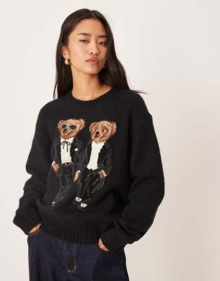 Polo Ralph Lauren - Strickpullover aus Wollmix in Schwarz mit Feiertags-Bärengrafik