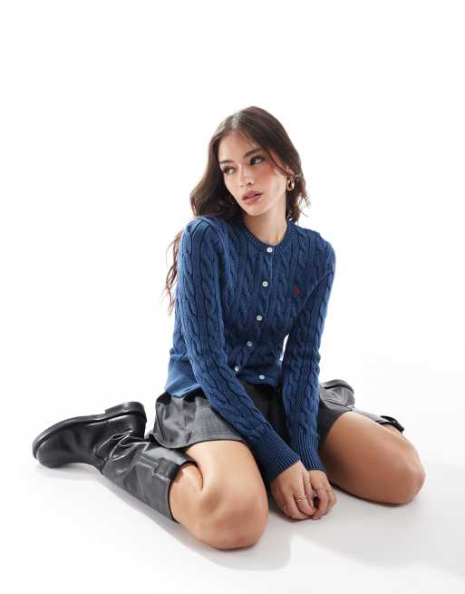 Polo Ralph Lauren – Strickpullover in Blau mit Zopfmuster und Logo