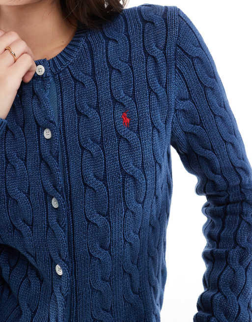 Polo Ralph Lauren – Strickpullover in Blau mit Zopfmuster und Logo