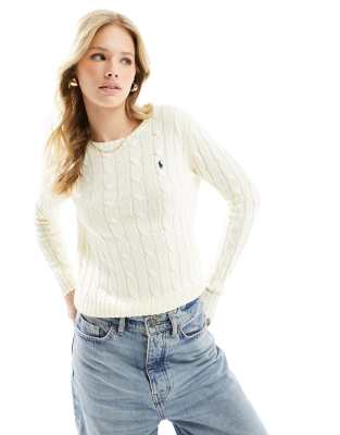 Polo Ralph Lauren - Strickpullover in Creme mit Zopfmuster, Rundhalsausschnitt und Logo-Neutral