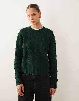 Polo Ralph Lauren - Strickpullover in Grün mit Zopfmuster, Rundhalsausschnitt und Logo