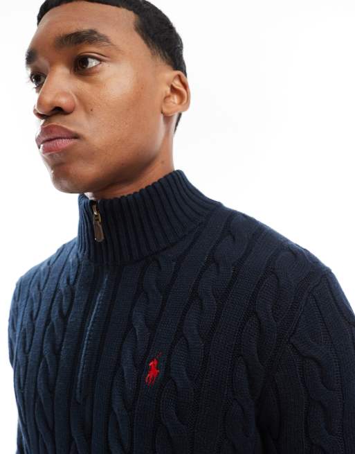 Polo Ralph Lauren – Strickpullover mit Markenlogo, halblangem Reißverschluss und Zopfmuster in Marineblau, 2 von 4