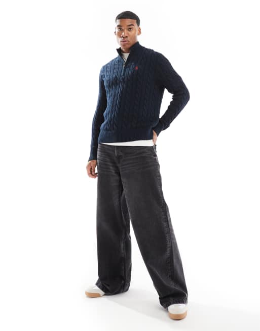 Polo Ralph Lauren – Strickpullover mit Markenlogo, halblangem Reißverschluss und Zopfmuster in Marineblau, 3 von 4