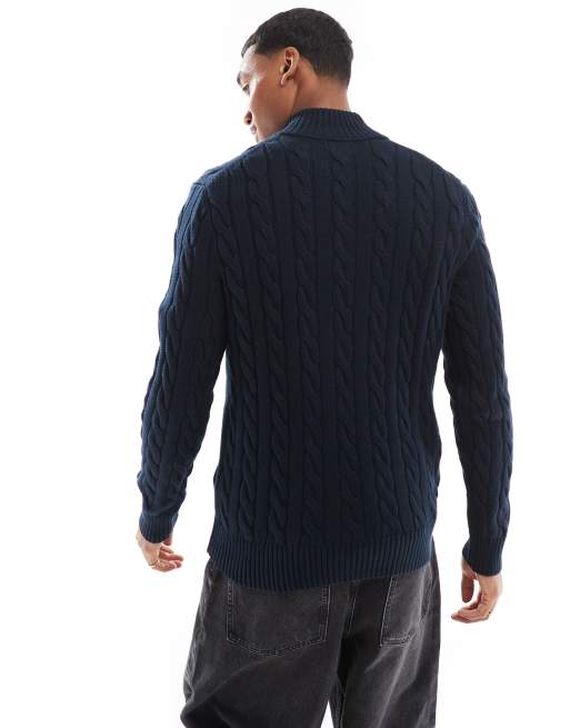 Polo Ralph Lauren – Strickpullover mit Markenlogo, halblangem Reißverschluss und Zopfmuster in Marineblau, 4 von 4