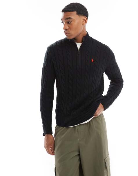 Polo Ralph Lauren – Strickpullover mit Markenlogo, halblangem Reißverschluss und Zopfmuster in Schwarz - view 1