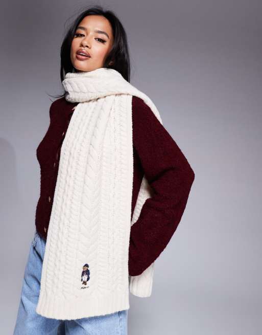 Polo Ralph Lauren – Strickschal in Beige mit Zopfmuster und Bärenlogo