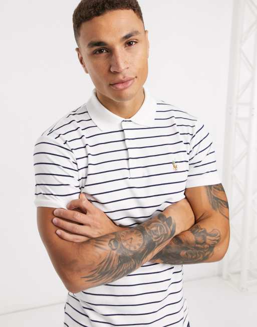 Polo Ralph Lauren stripe multi player logo slim fit pima soft touch polo in white navy