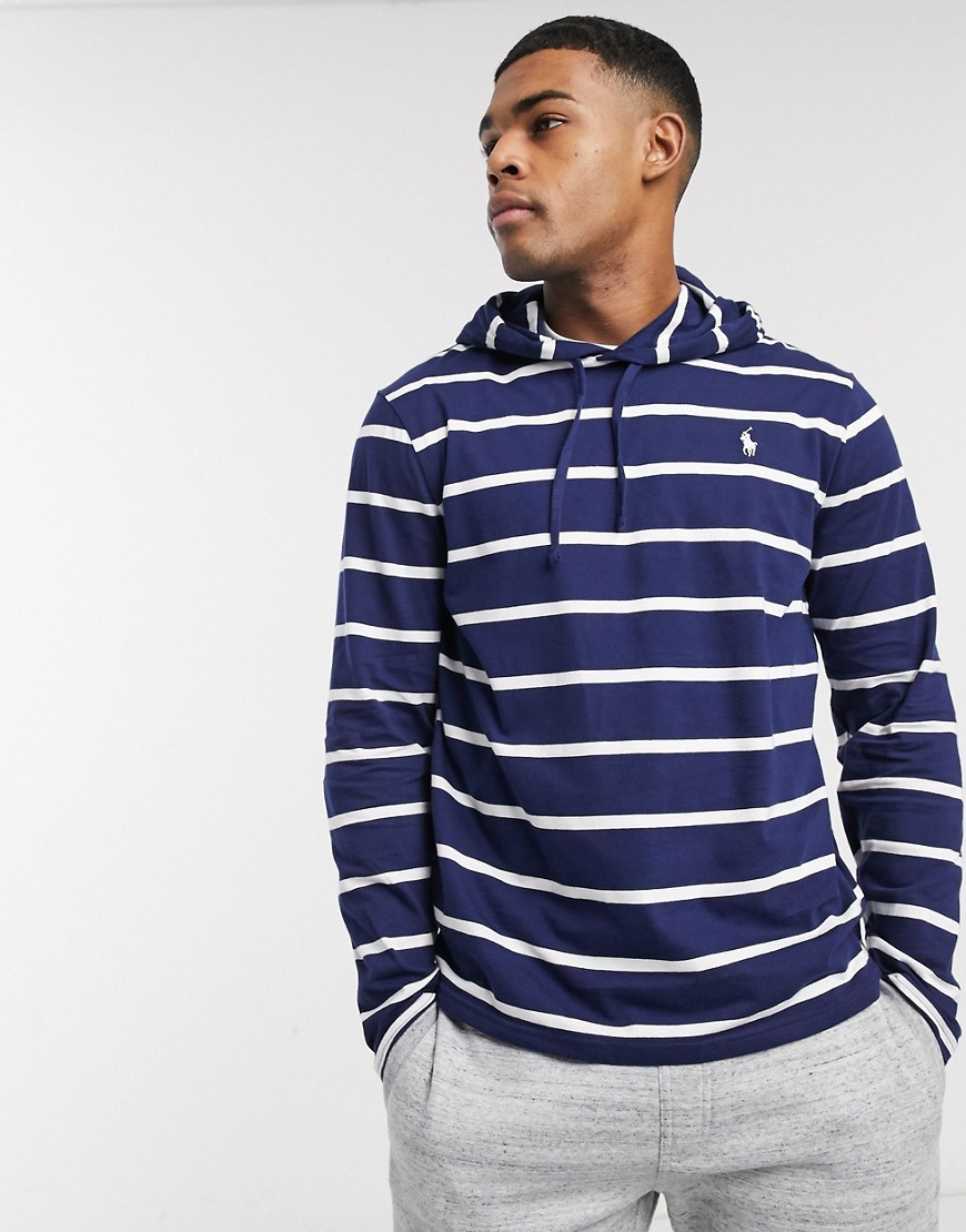 Polo Ralph Lauren stripe player logo long sleeve hooded top in navy/white
