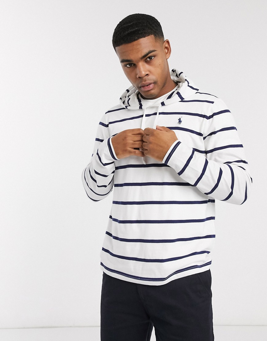 Polo Ralph Lauren stripe player logo long sleeve hooded top in white/navy