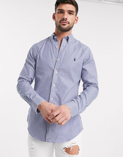 Polo Ralph Lauren stripe poplin shirt slim fit player logo in blue