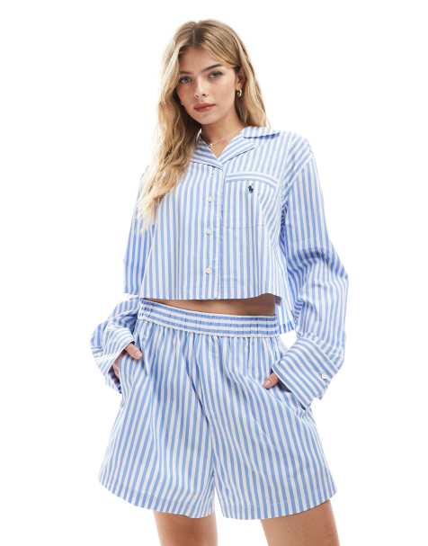 Polo Ralph Lauren striped crop shirt and boxer pyjama set in blue - view 1