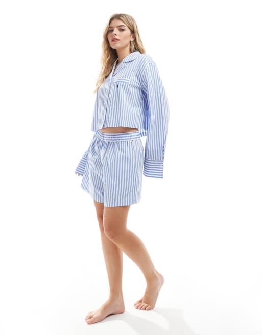 Polo Ralph Lauren striped crop shirt and boxer pyjama set in blue, 2 of 4