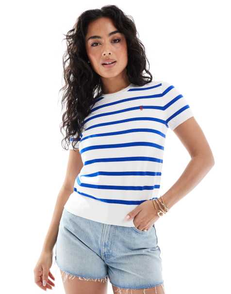 Polo Ralph Lauren striped shirt sleeve knitted top in white and blue - view 1