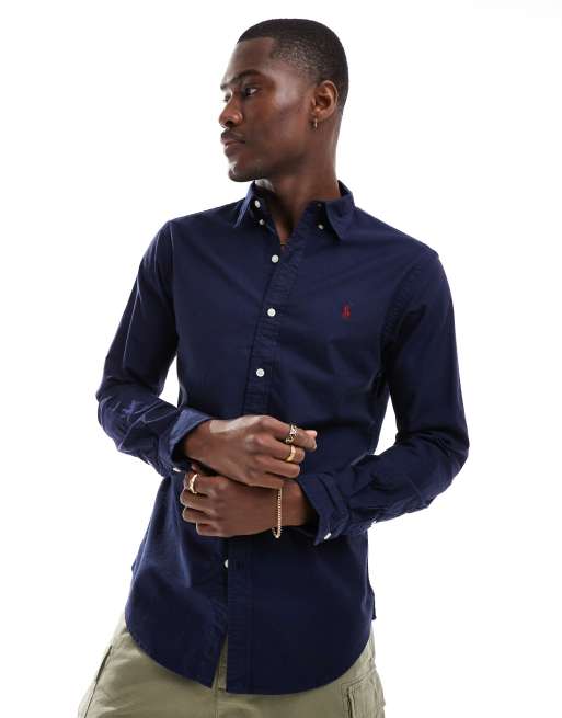 Polo Ralph Lauren – Stückgefärbtes Oxford-Hemd in Marineblau mit schmalem Schnitt und Markenlogo