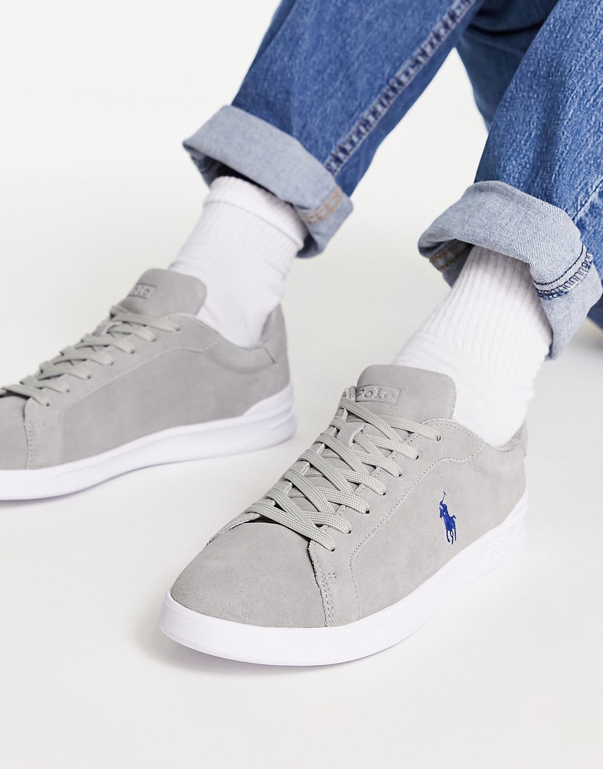 polo ralph lauren suede heritage court trainer with pony logo in grey