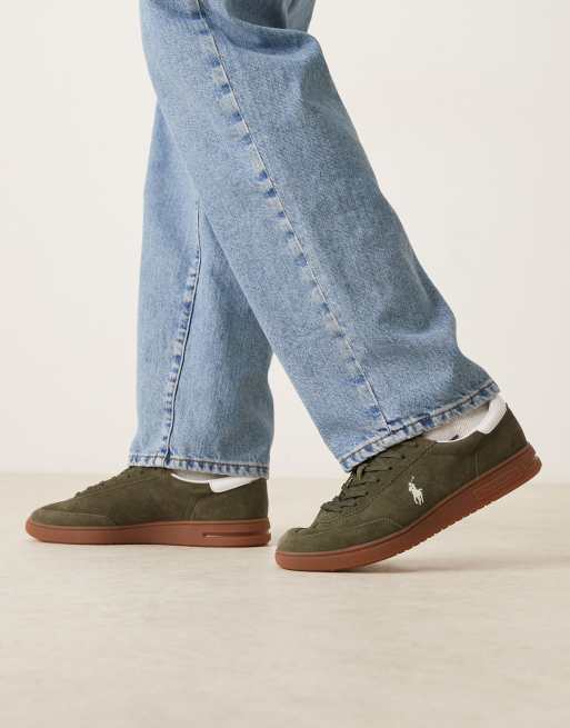 Polo Ralph Lauren suede polo logo trainers in khaki, 2 of 5